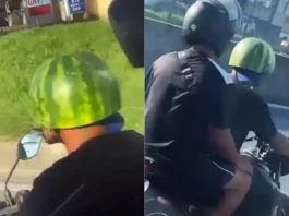 Motociclista usa melancia no lugar do capacete em rodovia do Rio de Janeiro