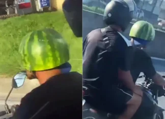 Motociclista usa melancia no lugar do capacete em rodovia do Rio de Janeiro